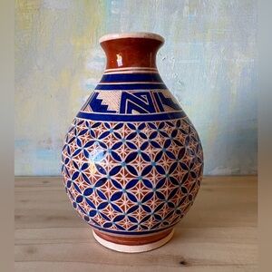Geometric Blue and Terracotta Vase